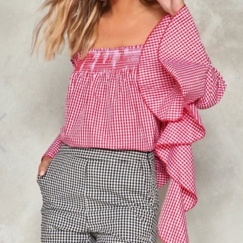 NASTY GAL Red London Gingham Checkered Picnic Ruffle Flutter Sleeve Crop Top S